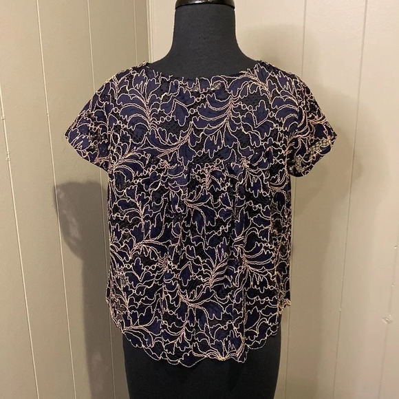 Zara Extra Small Navy Blue Lace Short Sleeve Blouse Top Shirt Cropped - Picture 4 of 6